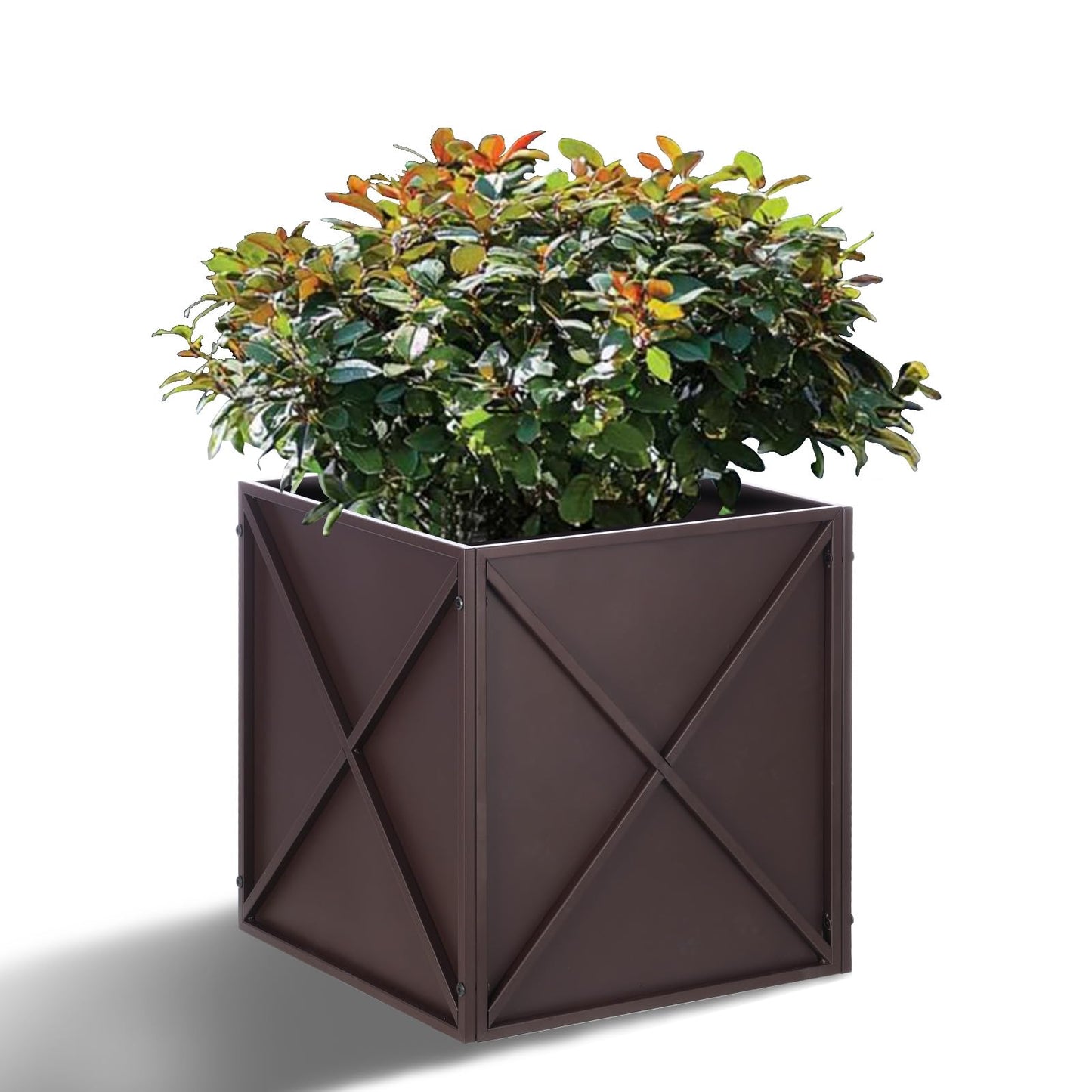 BAYN Metal Square Planter Box Tall Planters for Outdoor Plants Modern Heavy Duty with Drainage Holes for Outside Indoor Patio Deck - Brown, 17”x 17”x 18”