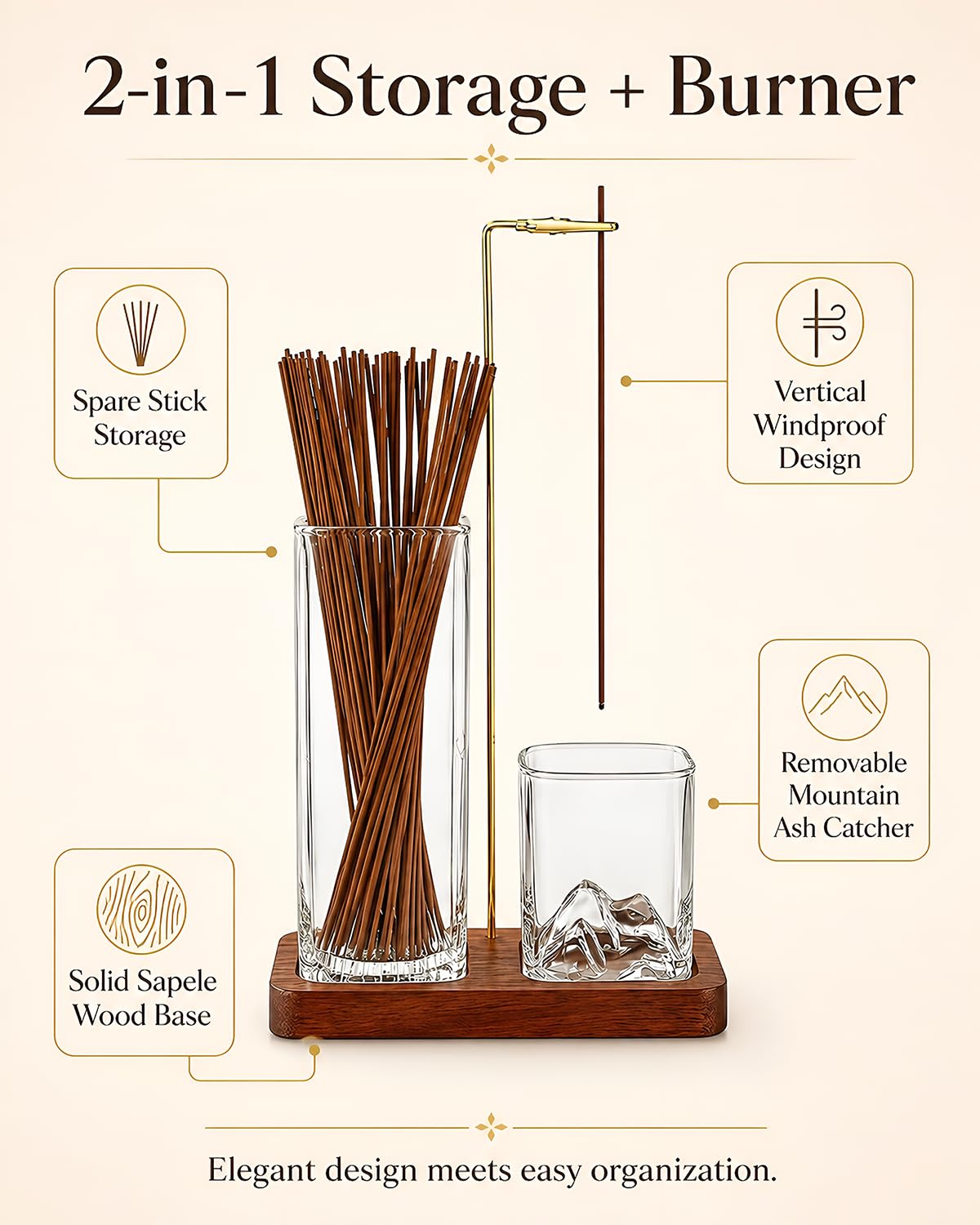 Incense Holder for Sticks, 2 in 1 Glass Incense Burner with Storage, Solid Sapele Wood Base, Removable Mountain Ash Catcher, Vertical Windproof Stand for Outdoor, Meditation (Dark Walnut)