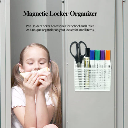 Neudeco Locker Organizer Kit, 4-Piece Set with Foldable Mesh Locker Shelf and Magnetic Pen Holders, Stackable Storage for School, Work & Gym Lockers, White