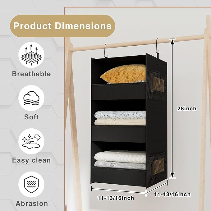 3-Shelf Hanging Closet Organizer and Storage, Foldable Hanging Closet Shelves