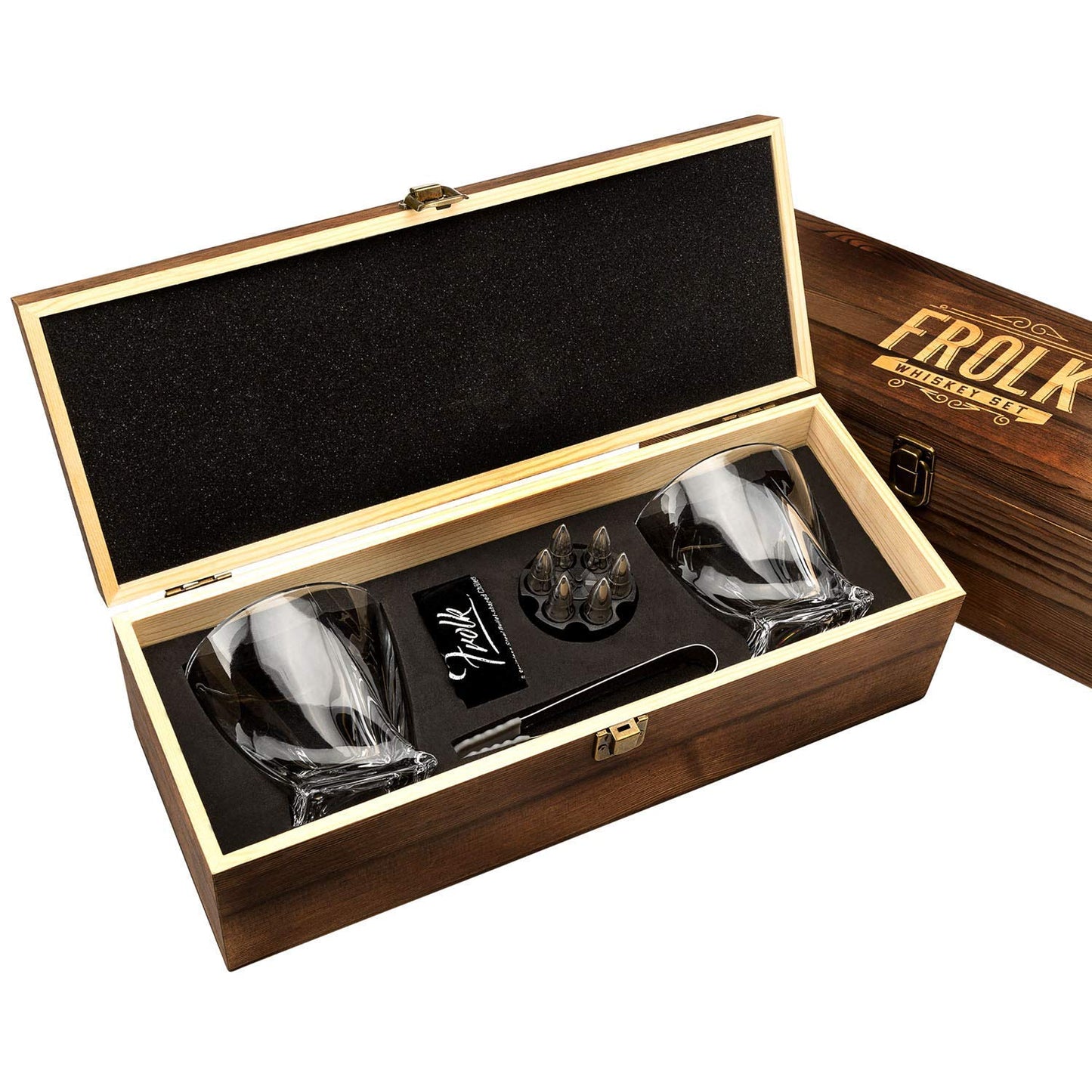 Whiskey Chillers Premium Gift Set By Frolk, Set of 6 Extra Large Stainless Steel Whiskey Stones, 2 Large Twisted Whiskey Glasses (11 oz), Freezer Base, Velvet Pouch & Tongs in Novelty Wooden Box