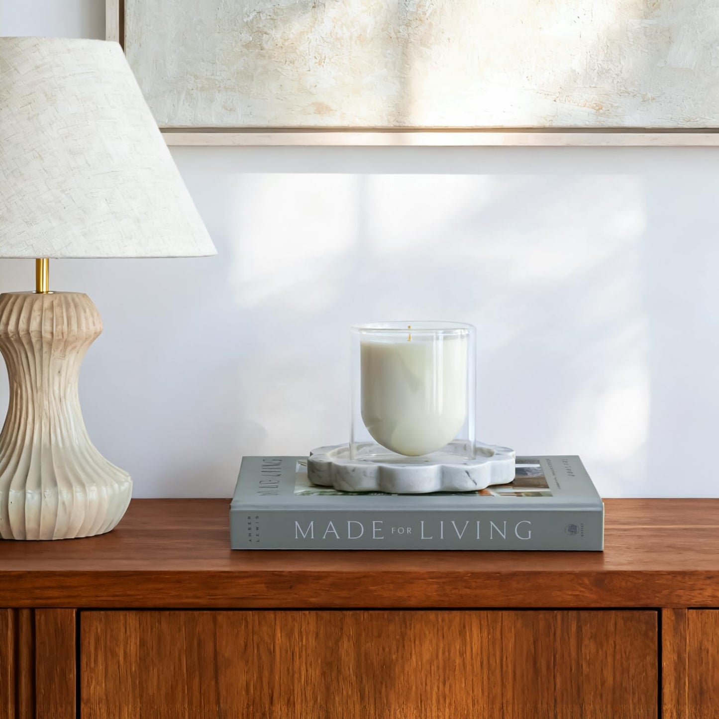 Natural Marble Candle Holder, Elegant Marble Scalloped Tray for Countertop, Solid Feel, Smooth Finish, Catchall for Jar Pillar Candles, Perfume, Key, Jewelry Dish, 6.3" Diameter