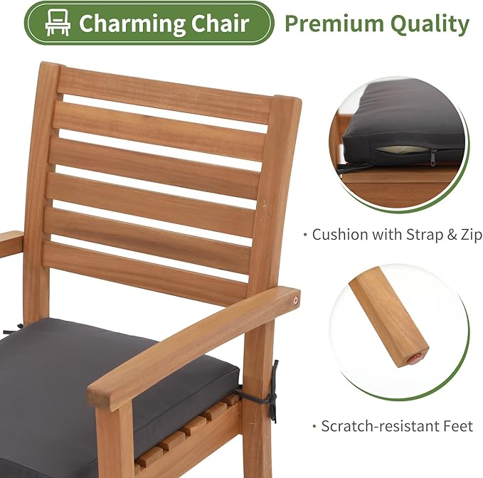 OC Orange-Casual Stackable Patio Dining Chairs Set of 2, Outdoor Acacia Wooden Chairs w/Armrest & Removeable Fabric Cushion, for Porch, Backyard, Garden, Indoor, Dark Grey
