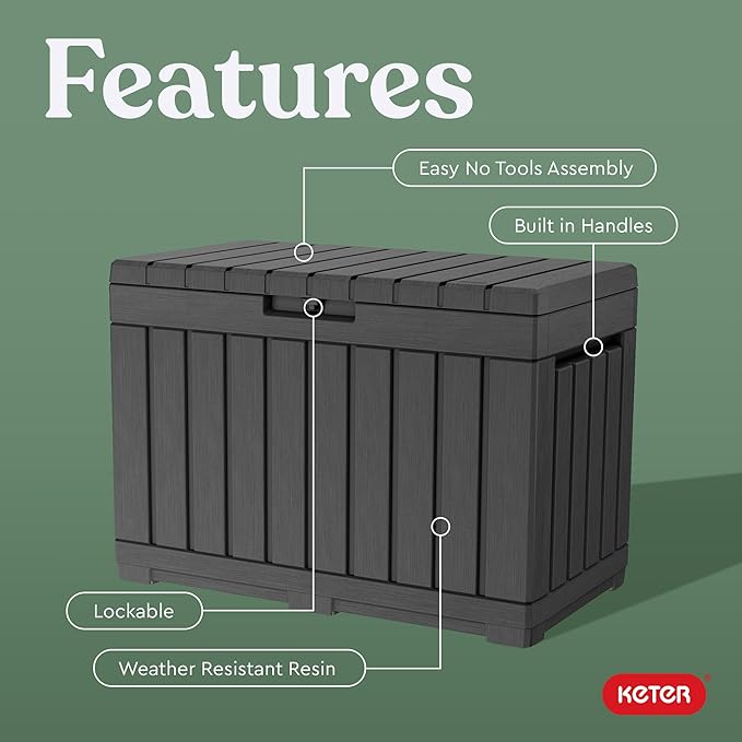 Keter Kentwood 50 Gallon Resin Deck Box for Outdoor Storage – Weather‑Resistant Balcony & Patio Box for Cushions, Throw Pillows & Garden Tools, Dark Grey