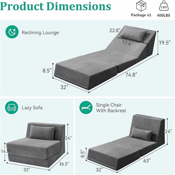 Fold Out Chair Bed, Folding Sofa Bed, 3 in 1 Convertible Sleeper Chair Bed