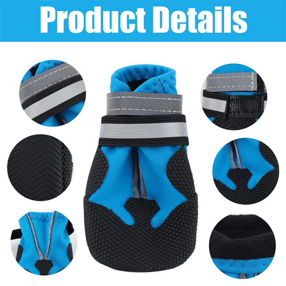 Dog Boots, Set of 4 Waterproof Dog Shoes with Reflective Straps Anti-Slip Sole Outdoor Paw Protectors Puppy Shoes for Small Medium Dogs Autumn Winter (Blue, L)