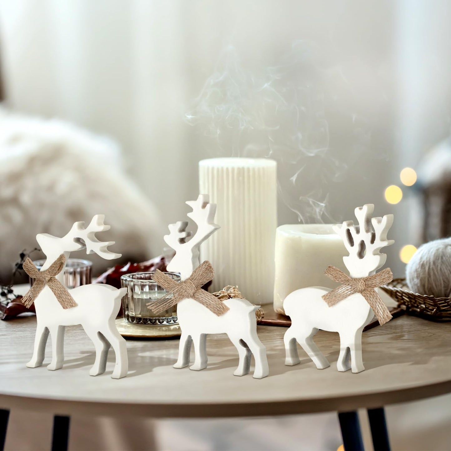 Redbaker 3 Pcs Reindeer Christmas Decorations Indoor Wooden Reindeer Cutouts Christmas Tiered Tray Decor White Rustic Block Sign for Xmas Winter Centerpieces Home Office Table Shelf Desk Mantel Decor