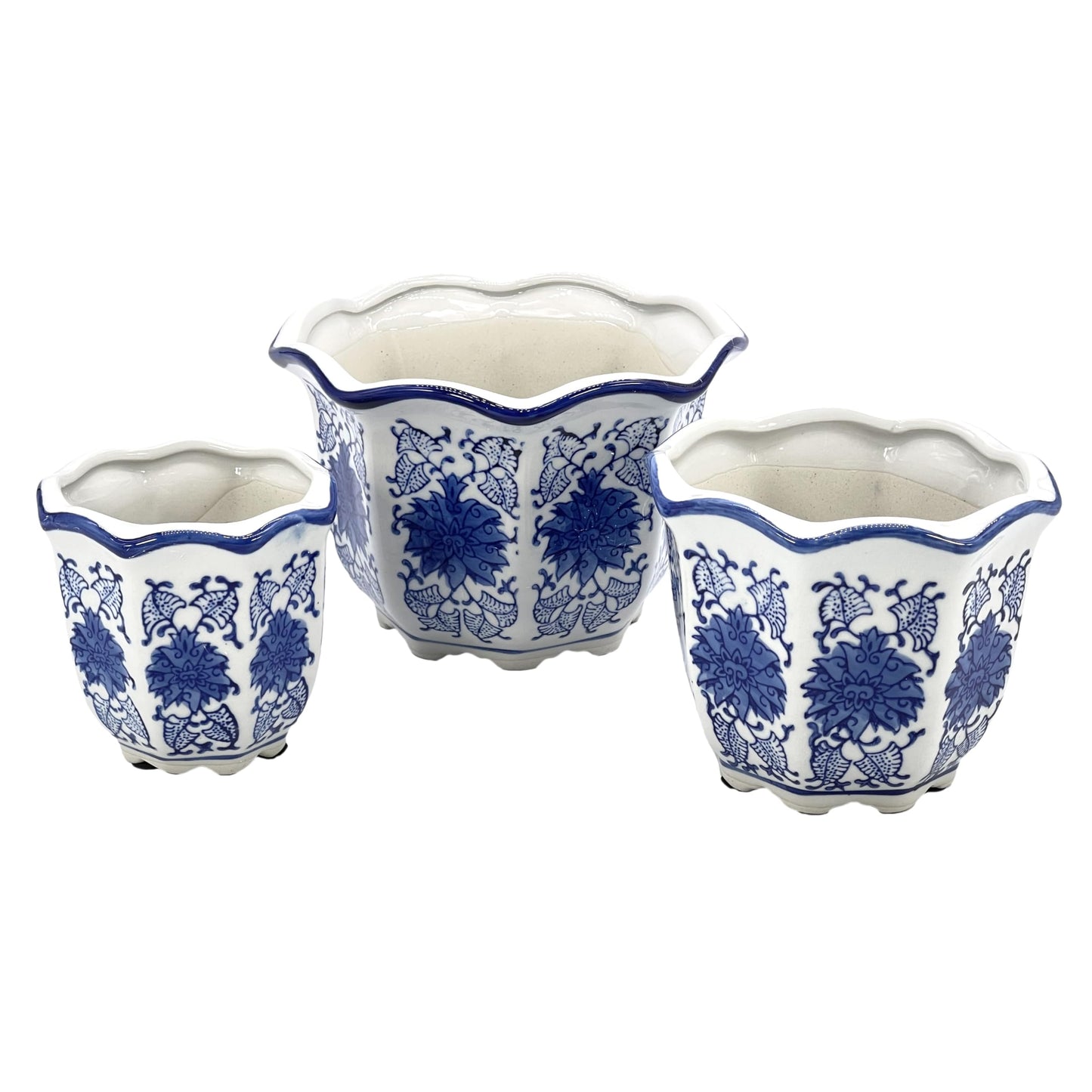 Galt International Blue & White Floral Porcelain Ceramic Decorative Flower Pot 8"/6"/4.5" Garden Pots Chinese Asian Design - Set of 3 Round Fluted
