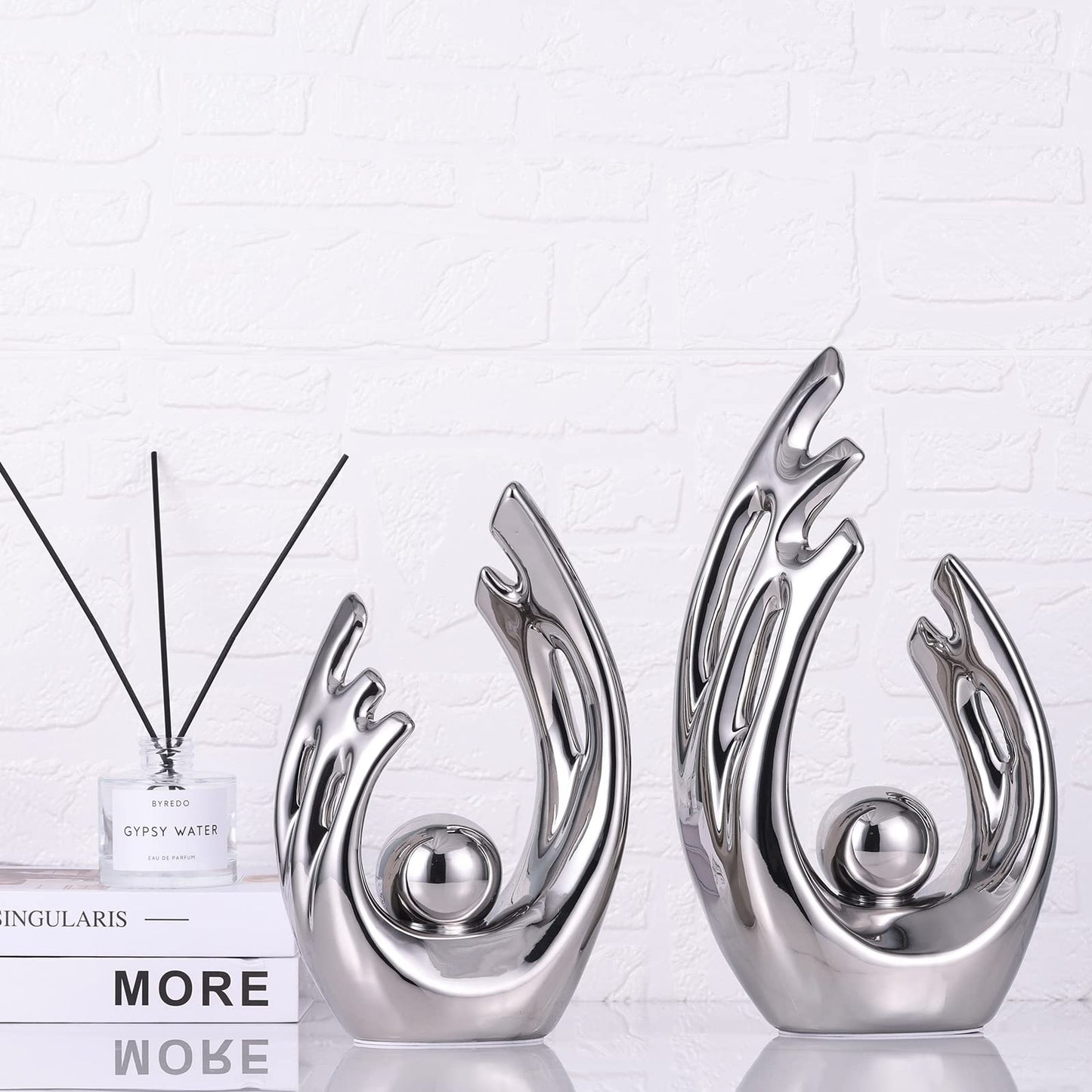 LCCCK 9.5" H Silver Aesthetic Room Decor Accent, TV Stand Funky Table Centerpiece, Abstract Art Ceramic Statue and Sculpture, Silver Decor for Living Room, Bookshelf Decorative Objects, Shelf