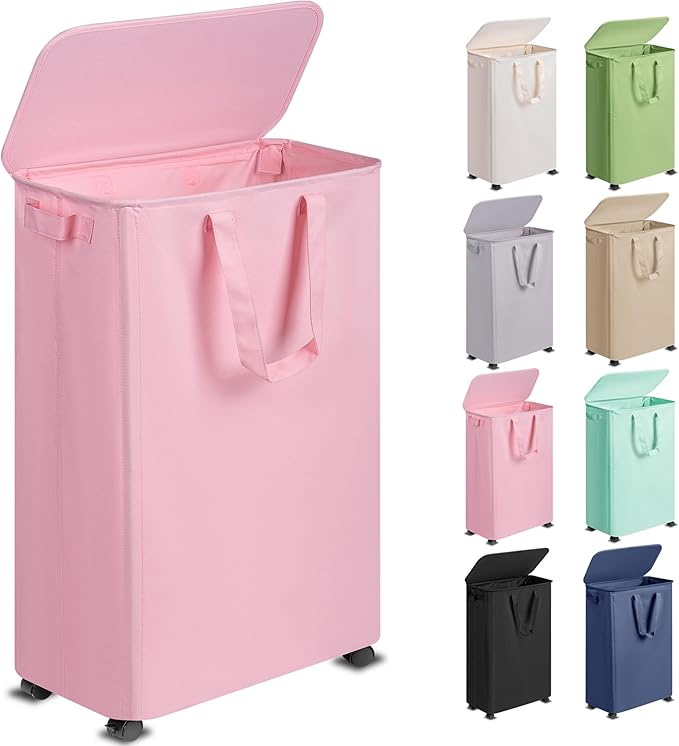 Slim Laundry Hamper with Lid and Wheels, Small Rolling Laundry Basket with