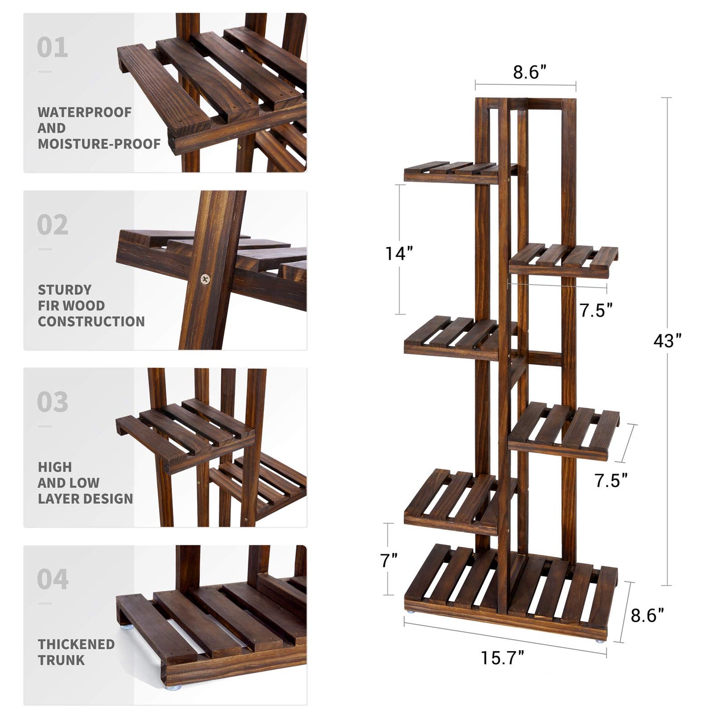Mkono Wood Plant Stand 6 Tier 7 Potted Plant Shelf Indoor Outdoor Tall Multi-tiered Flower Pot Holder Modern Ladder Storage Rack Display Planter for Patio Garden Corner Balcony Living Room, Brown