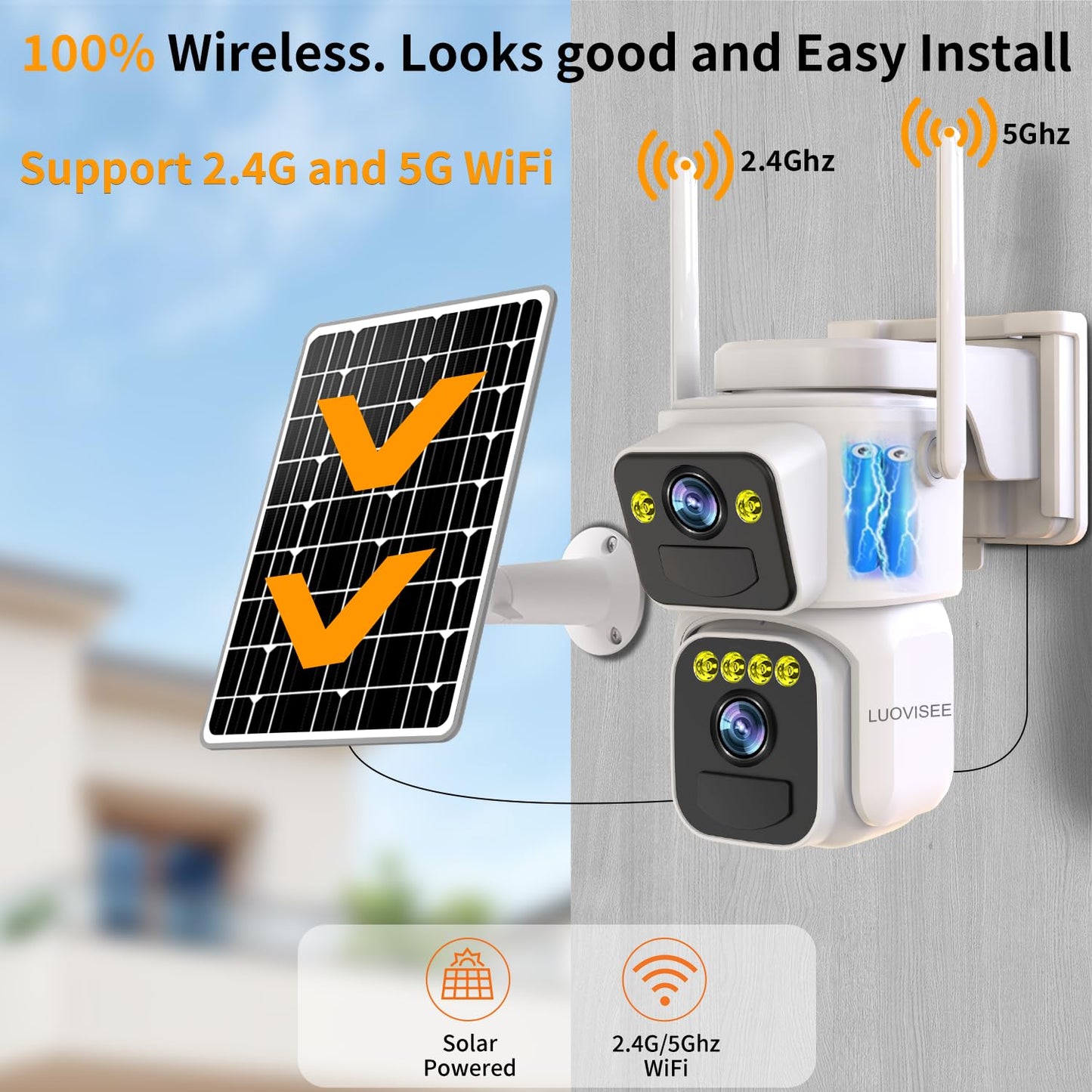 Luovisee Dual Lens Outside Cameras for Home Security Cameras 4 Pack,2.4G & 5G WiFi,Solar Battery Powered Camera with AI Motion Siren,SD/Free Cloud Storage,No Monthly Fee,Color Night Vision,Waterproof