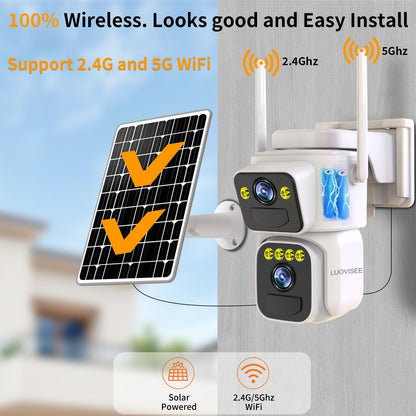 Luovisee Dual Lens Outside Cameras for Home Security Cameras 4 Pack,2.4G & 5G WiFi,Solar Battery Powered Camera with AI Motion Siren,SD/Free Cloud Storage,No Monthly Fee,Color Night Vision,Waterproof