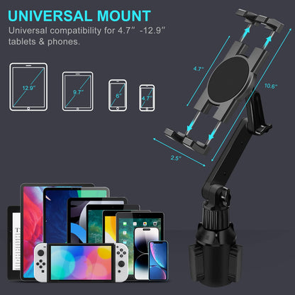 Cup Holder Car Tablet Mount for Truck, 360° Adjustable 15" Long 2-Arm Stand Holder for iPad Pro 12.9/11/10.5/9.7/Air/Mini 6/5/4, Galaxy Tab/Z Fold 6/5/4, iPhone 17/16/Pro, 4.7-12.9" Tab &Phone