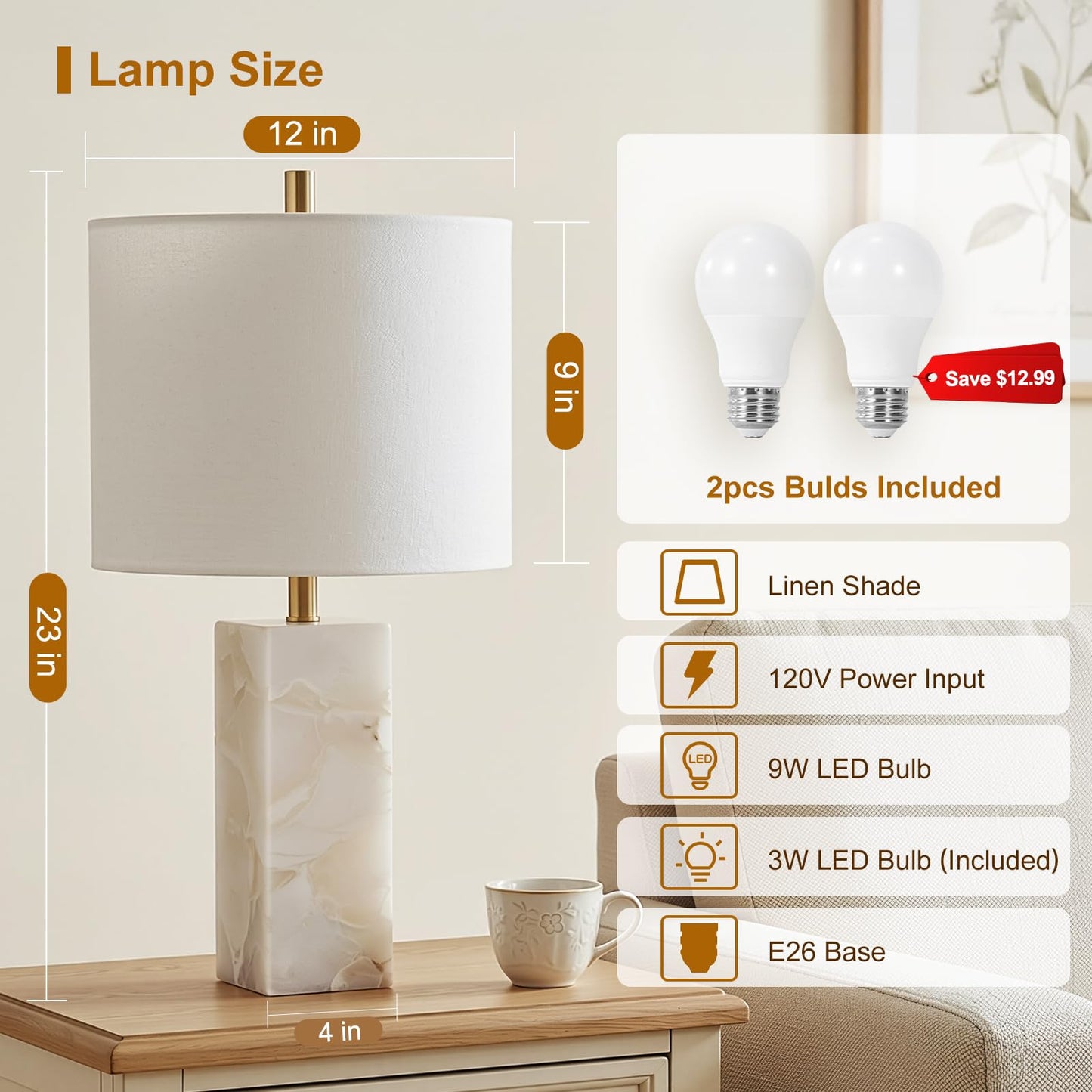 Scenekoy Alabaster Table Lamp Set of 2 with Night Light for Bedroom Living Room, 23" Rotary Switch Bedside Lamp with Linen Shade, Modern Nightstand Lamps for Room Office Dorm (Bulb Included)