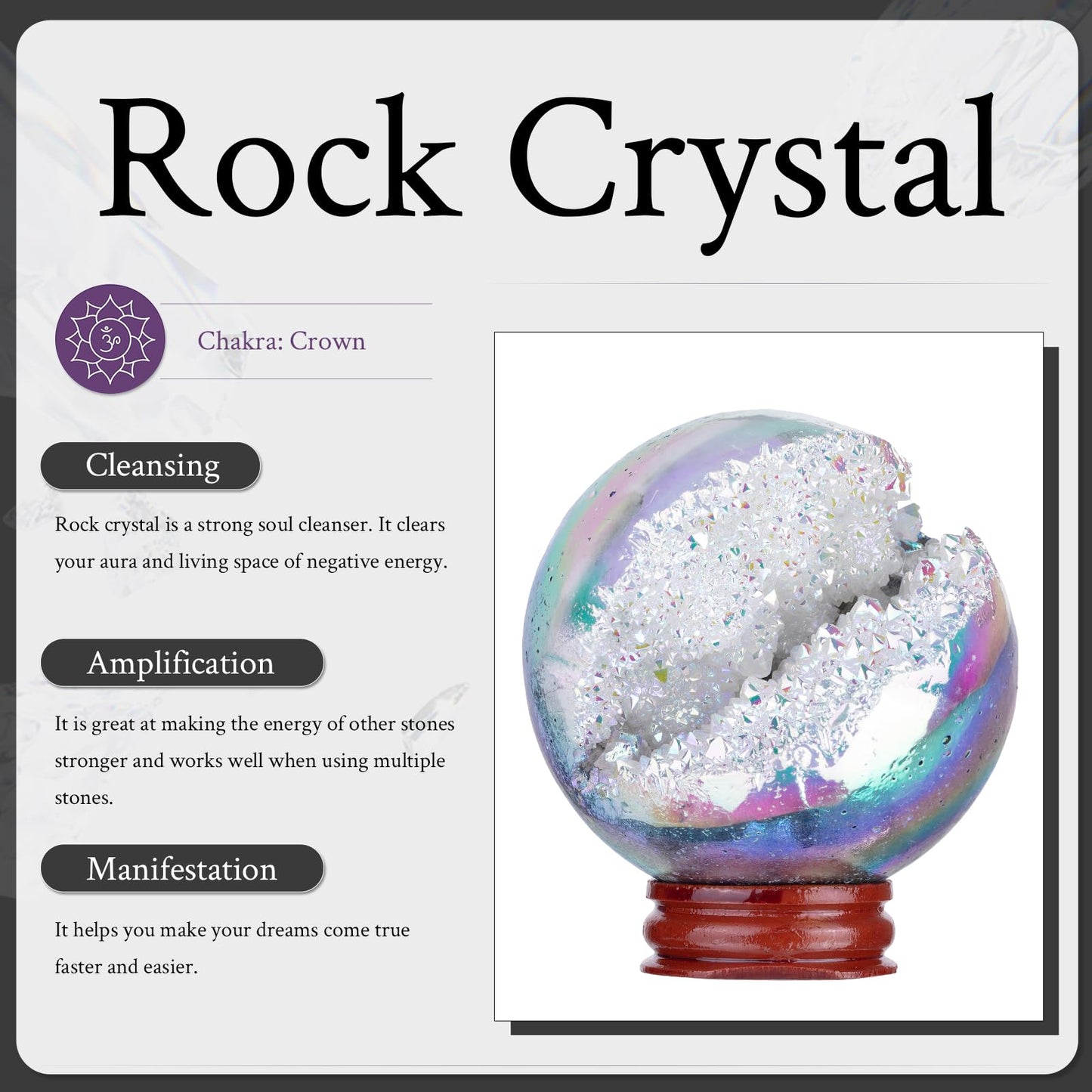 Sportmusies Titanium Coated Rock Crystal Geode Ball with Wooden Stand, Druzy Quartz Stone Cluster Sphere Reiki Home Office Decoration, Purple