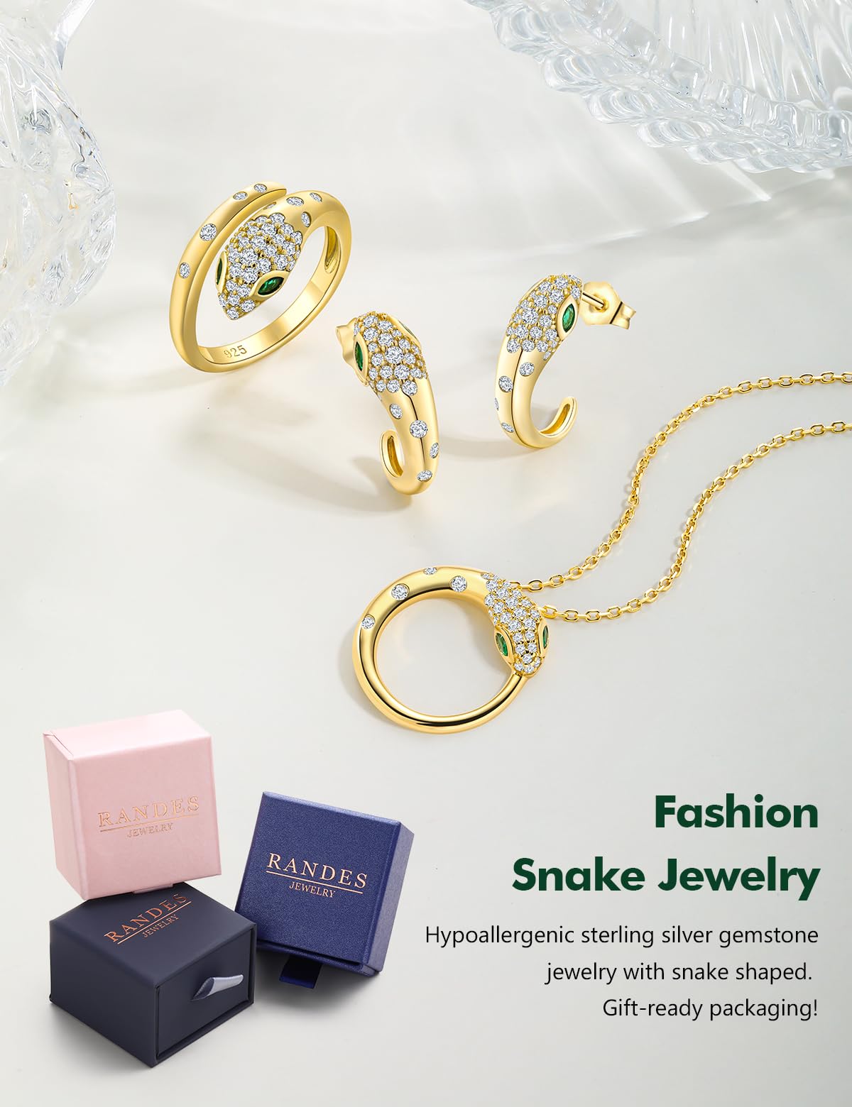 RANDES Snake Rings for Women Gothic Jewelry 925 Sterling Silver Adjudtable Statement Cocktail Ring Emerald Cz Yellow Gold Plated Ring Size 8