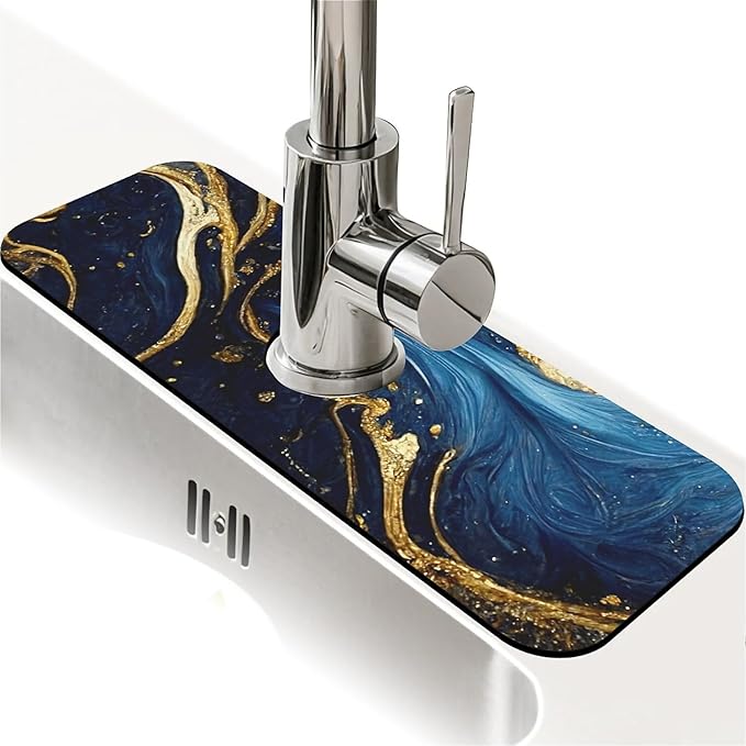 Kitchen Sink Splash Guard，Blue and gold marble texture Faucet Mat Sink