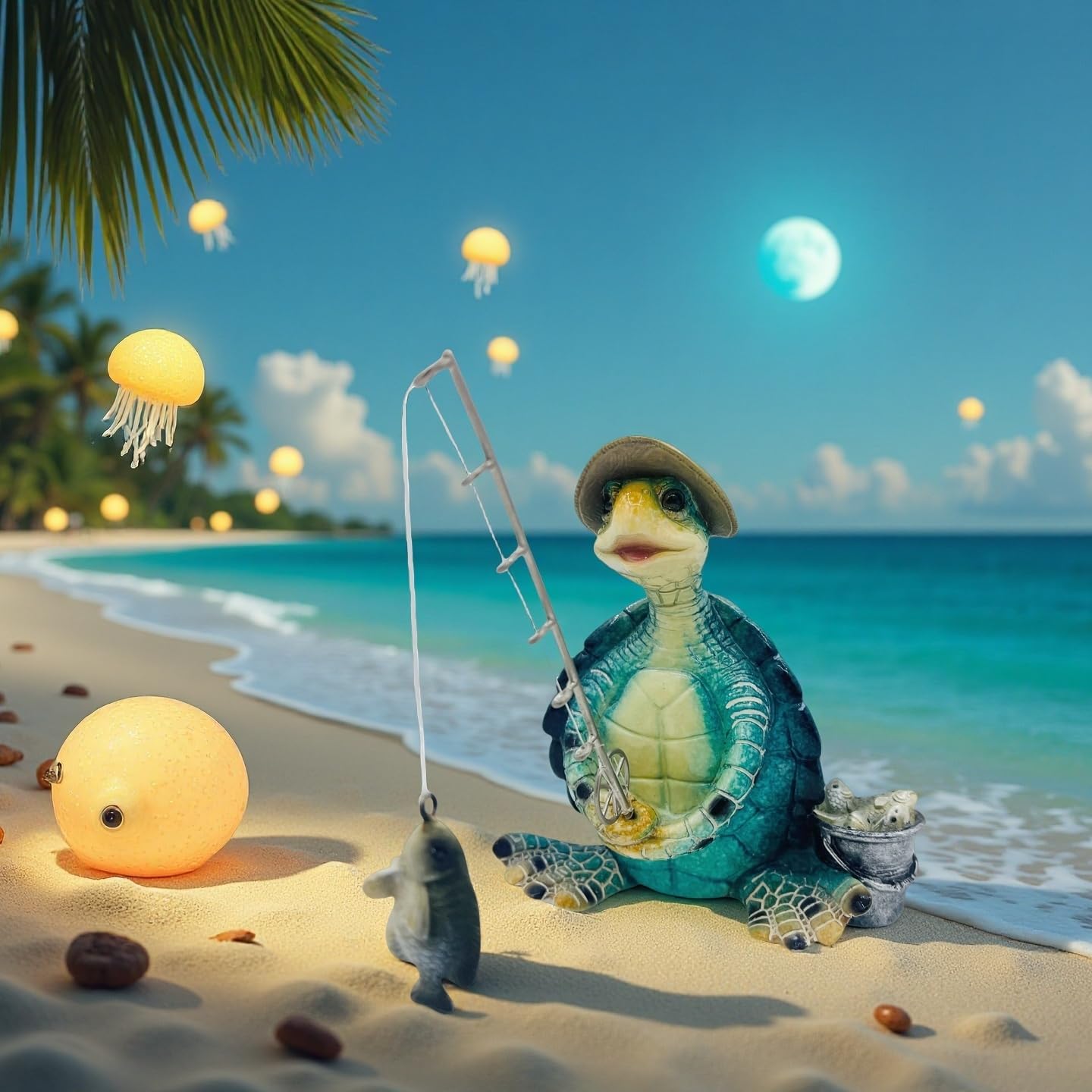 Xzlgyffy Turtle Fishing Decor, Summer Garden Statues, Nautical Coastal Beach Decorations, Home Office Decor Gifts, Bookshelf Desk Bathroom Tabletop Statue Ornament (Turtle Fishing)