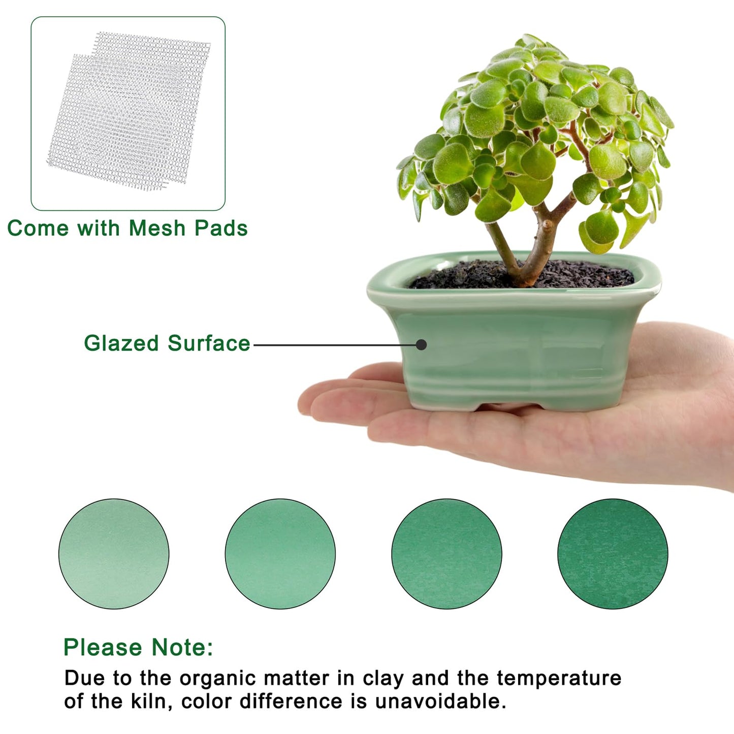 Bonsai Planter Succulent 3.7-3.9" (9-10cm) Mini Green Pots Value Set of 2