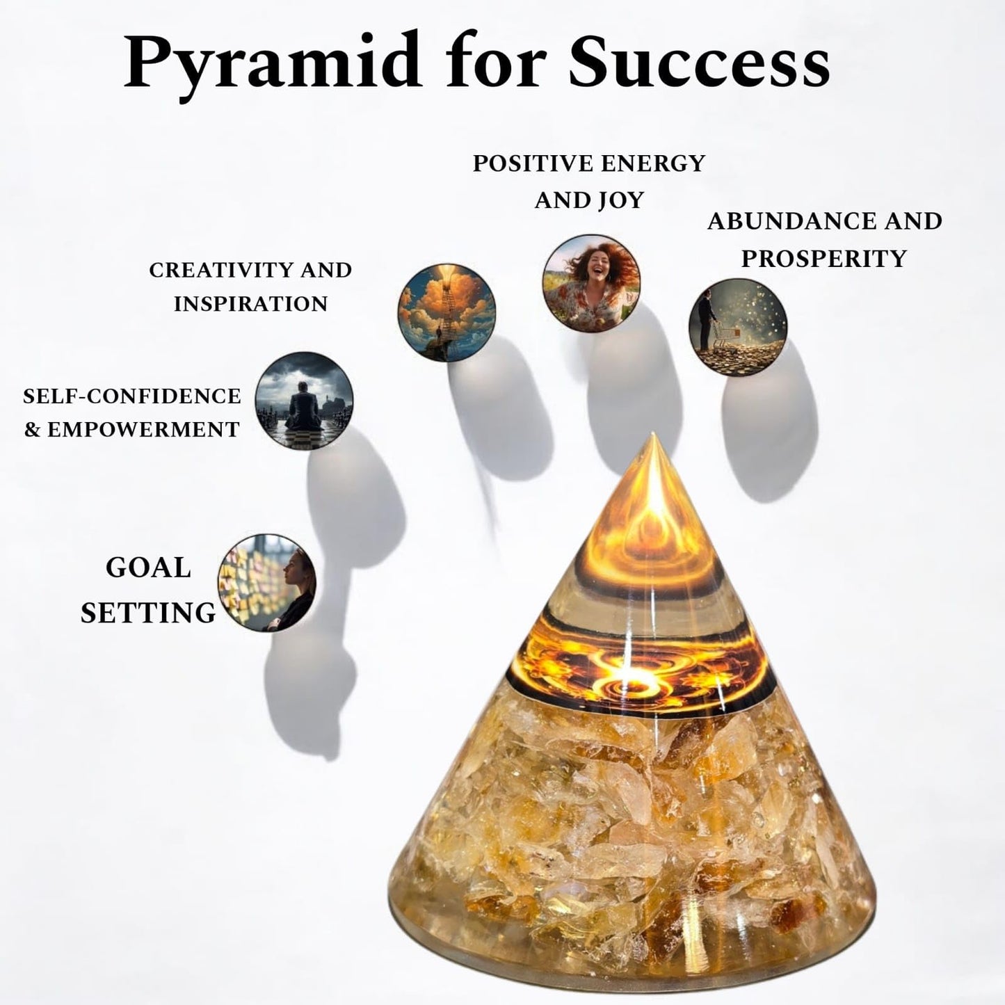 Crystal Orgonite Pyramid with Citrine Crystals, Decorative Energy Stone, Clear Resin