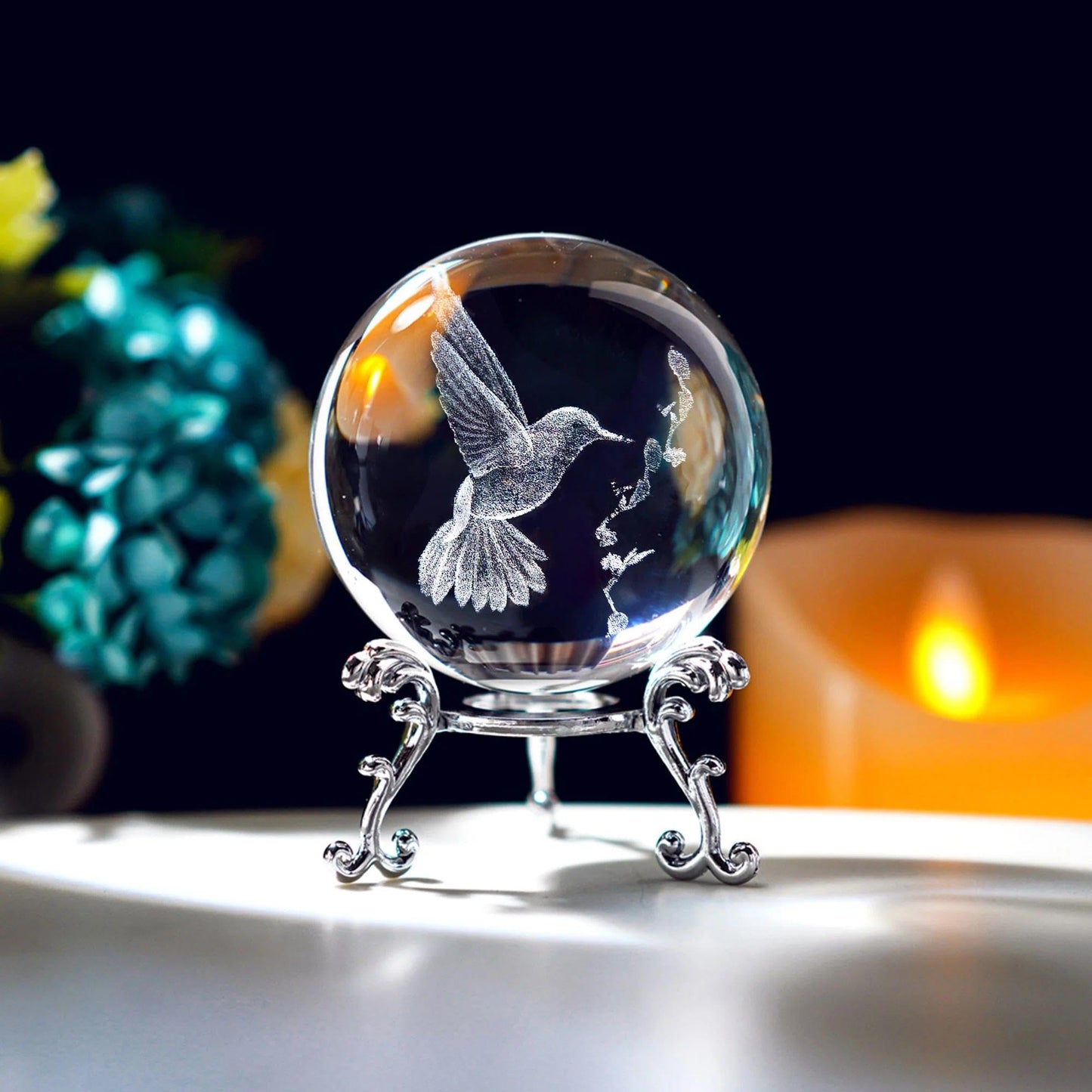 HDCRYSTALGIFTS 3D Laser Engraved Bird Crystal Ball with Stand Paperweight Gift for Women Mom 60mm Crystal Bird Figurine Glass Animal Decorative Ball for Home Room Office Decoration