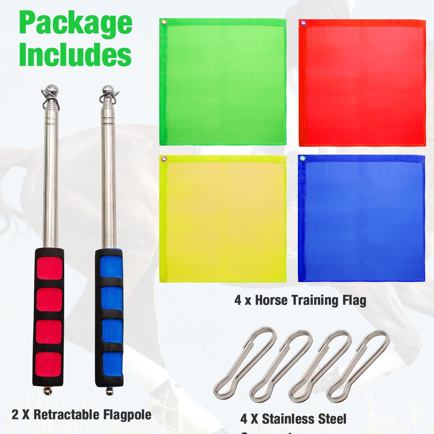 ZUDKSUY Horse Training Flag 2 pcs 48inch Telescopic Flagpoles and 4 pcs 18inch Equestrian Training Flags Portable Equine Nylon Flags Training Stick