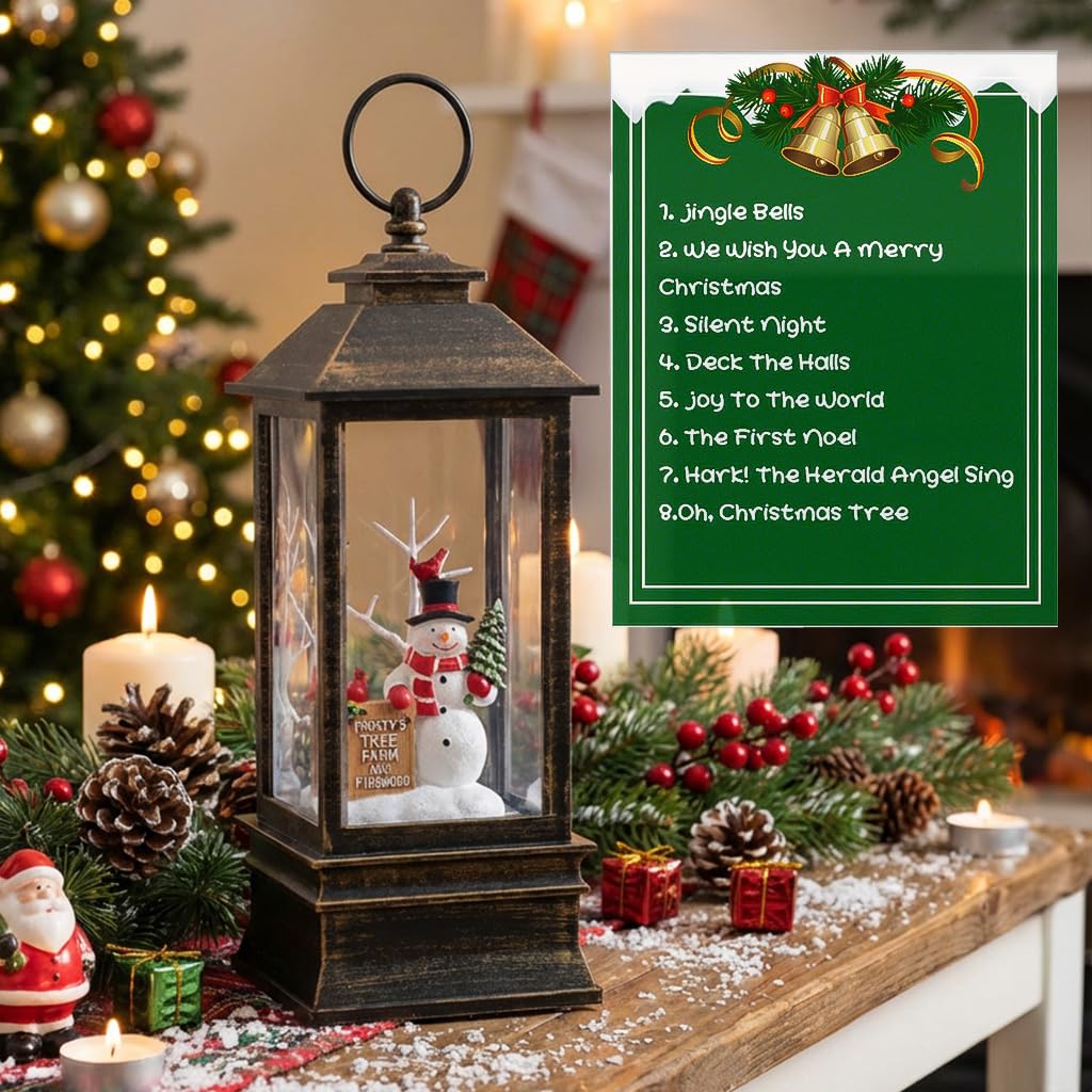 10" Christmas Snow Globe Lantern with Farm Snowman，Lighted Swirling Glittering Snow Globes with Music & Timer, Christmas Decorations for Home Tabletop Indoor
