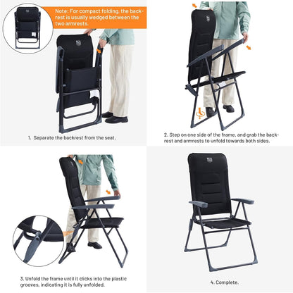 TIMBER RIDGE 7-Level Reclining Camping Chair, Adjustable Folding Patio Chair with High Back for Adults, Lightweight Aluminum Padded Lawn Chair for Outside, Heavy Duty Supports 300 LBS, Black-1 Pack