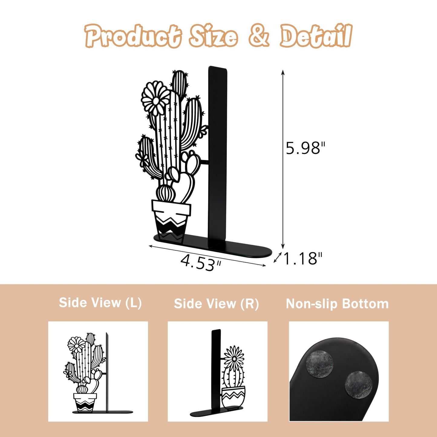 Metal Cactus Planter Book Ends, Dual Wave Pot Design Unique Cute Bookends with Rust Proof Coating, Home Office Decor & Gift for Book Lovers