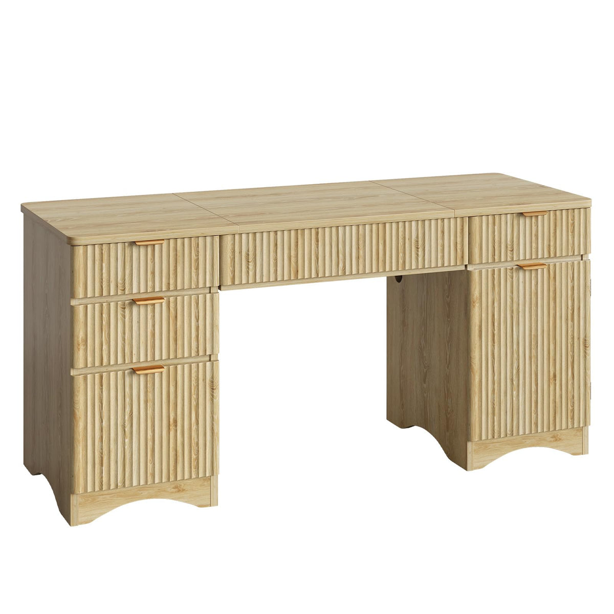 Bestier 63 Inch Home Office Desk with Drawers, Fluted Executive Desk with Ample File Drawer, Keyboard Tray & Storage Cabinet for Study, Living Room, Bedroom, Natural Oak