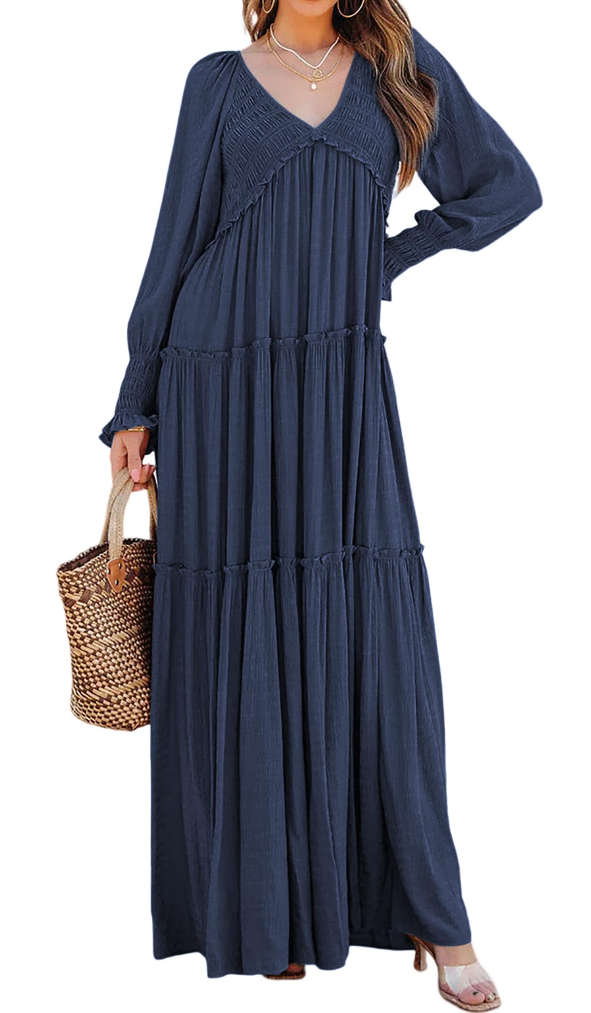 R.Vivimos Maxi Dress for Women Long Sleeve V Neck Empire Waist Layered Ruffle Boho Casual Flowy Long Dresses