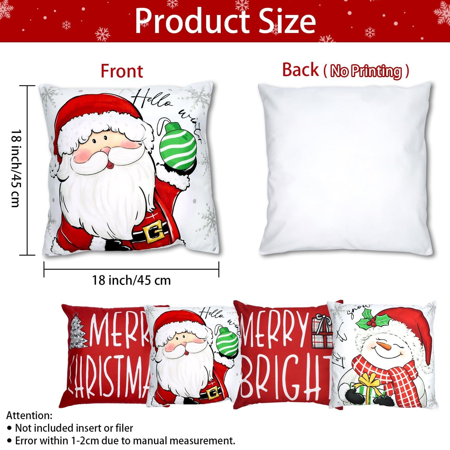 RidaaFri Christmas Pillow Covers 18x18 Inch Set of 4 Merry Christmas Red Throw Pillow Cases Winter Holiday Cushion Case Snowman Santa Claus Xmas Decorations for Home