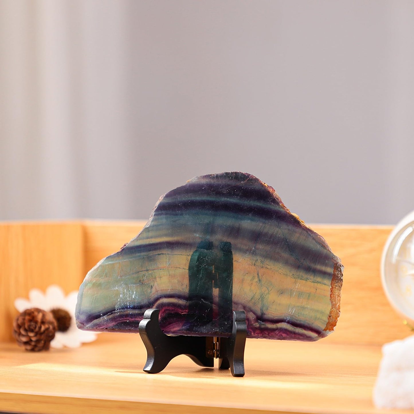 TUMBEELLUWA Irregular Rainbow Fluorite Slab Crystal Stone Collection for Desk Table Decor, Natural Crystal Mineral Specimen with Wooden Display Stand
