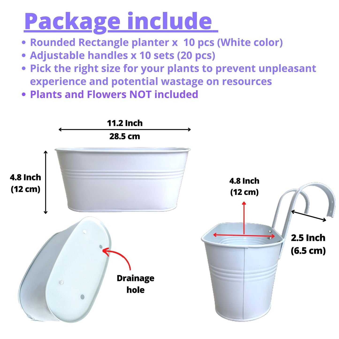 LaLaGreen Rail Planters for Outdoor (10 Pack, 11.2 Inch) White Metal Iron Strawberry Planter Hanging Flower Pots, Deck Railing Fence Bucket Wall Mount Window Box Plant Holder with Hooks Porch Decor