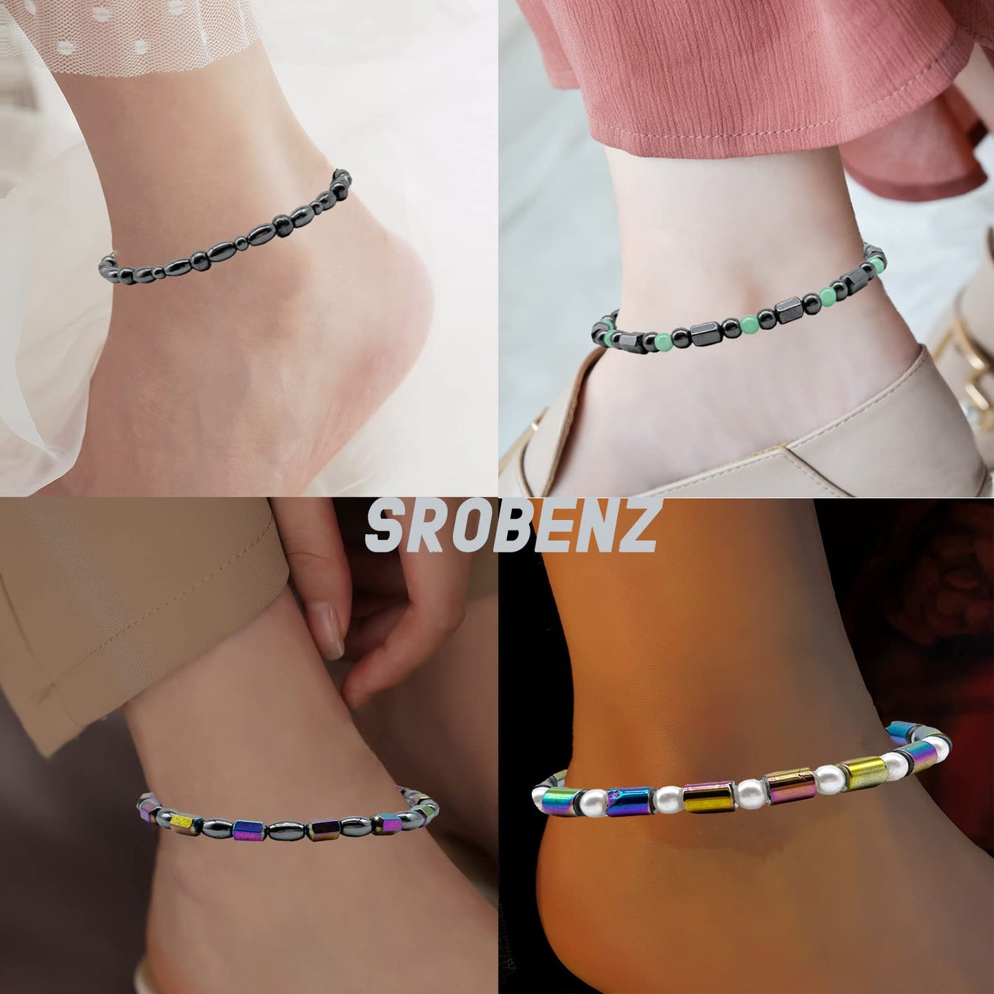 SROBENZ 12 Pcs Therapy Hematite Anklet Bracelet Energy Healing Anklet Set for Women Men Lymphatic Drainage Anti-Anxiety Magnetic Obsidian Beach Anklets Bracelet