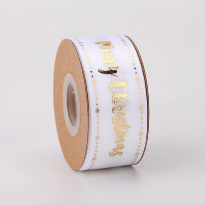 Meseey Merry Christmas Ribbon 10 Yards 1Inch Wide White Satin Ribbons with Gold Printed Gift Ribbon for Craft Packing, Gift Wrapping, DIY Craft, Christmas Party Supplies