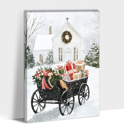 GUTTATY Christmas Canvas Wall Decor, Christmas Gift Carriage Canvas Wall Art, White Church Snowy Scene Wall Pictures, Minimalist Xmas Canvas Artworks for Living Room, Bedroom 18x24 Inch
