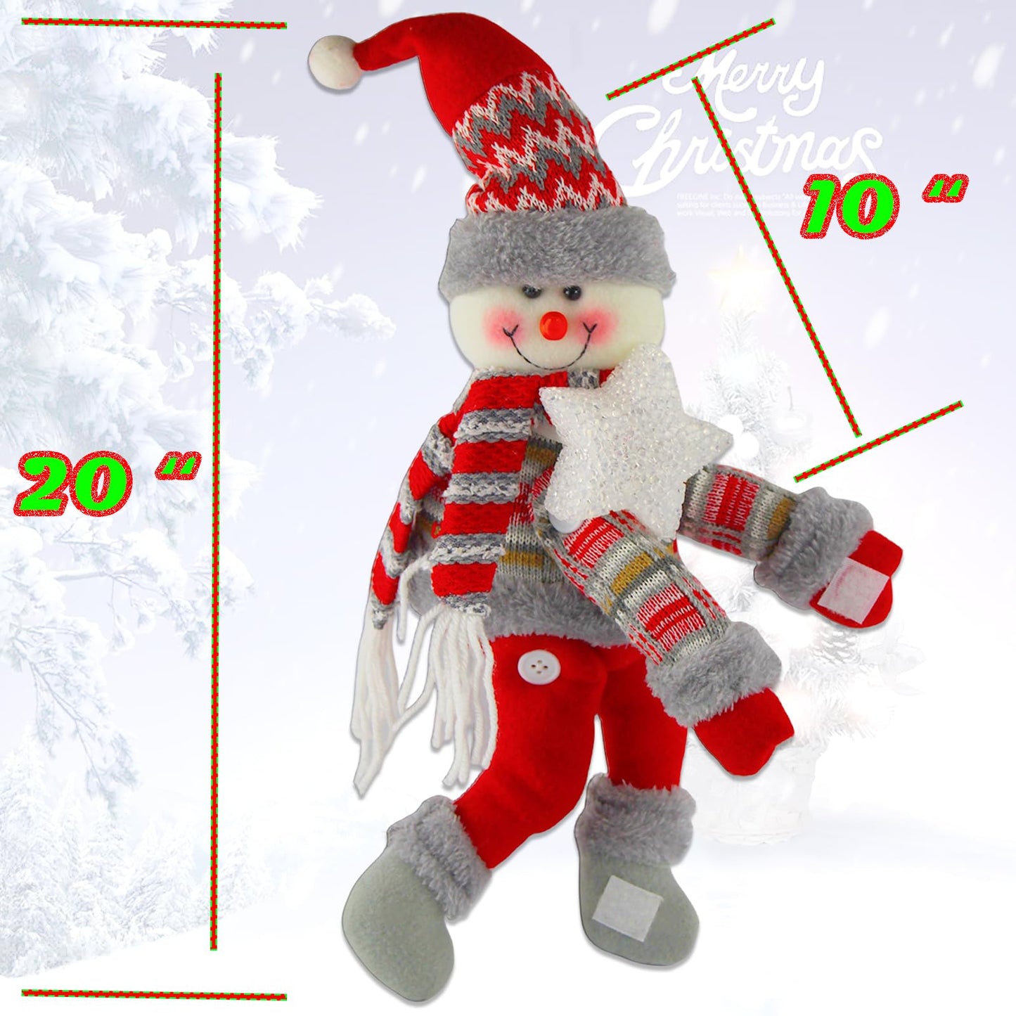 Christmas Plush Snowman Tree Topper with Lighted Red Star - Multifunctional Xmas Treetop Ornament, Home Curtain Tie & Hugger Wine Bottle Party Decoration