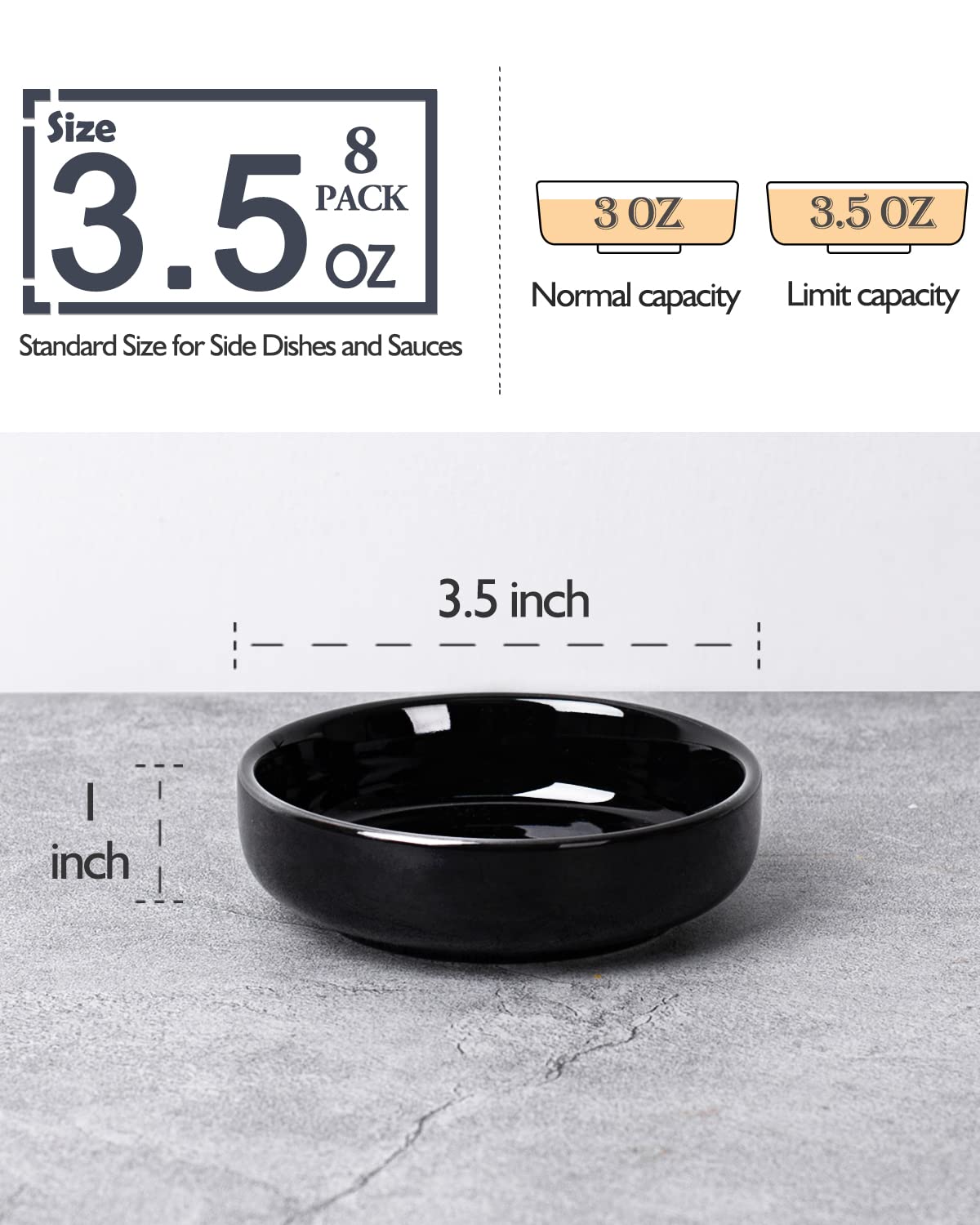 DELLING 3.5 oz Black Dipping Bowls Set of 8, Porcelain Sauce Cups - Charcuterie Cups for Soy Sauce, Condiments, Ketchup - Microwave & Dishwasher Safe Small Bowls