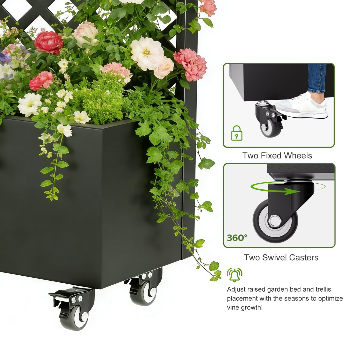 72" Metal Planter Box with Trellis Outdoor and Wheels,Planter with Trellis Privacy Screen, Raised Garden Bed with Trellis and Drainage Holes for Climbing Plants, Vegetables, Vines