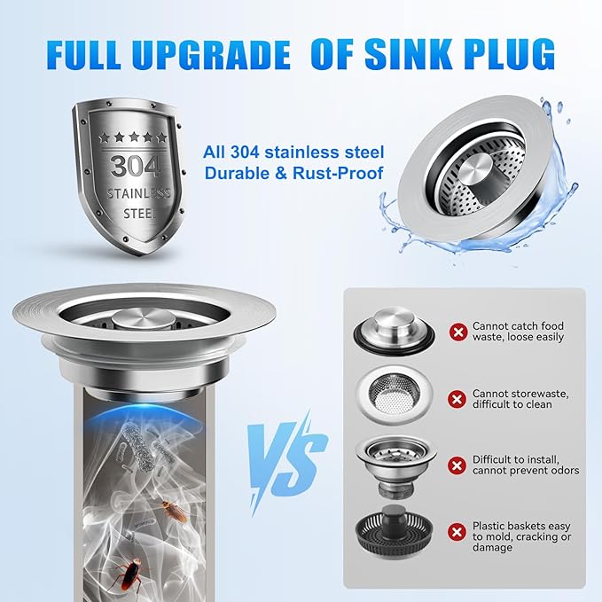 3 in 1 Kitchen Sink Drain Strainer, Universal Pop Up Stopper