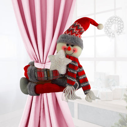 Christmas Plush Snowman Tree Topper with Lighted Red Star - Multifunctional Xmas Treetop Ornament, Home Curtain Tie & Hugger Wine Bottle Party Decoration
