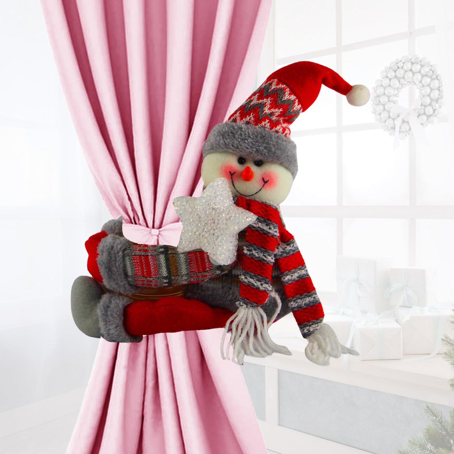 Christmas Plush Snowman Tree Topper with Lighted Red Star - Multifunctional Xmas Treetop Ornament, Home Curtain Tie & Hugger Wine Bottle Party Decoration