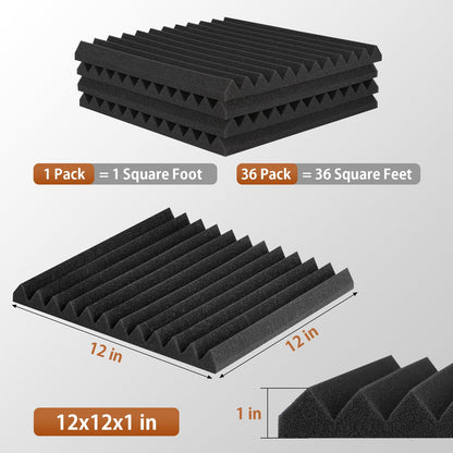 SD SODOCT 36 Pack Acoustic Foam Panels with Self Adhesive 12" X 12" X 1" Sound Proof Foam Panels for Walls High Density Wedge Soundproof Wall Panels for Studio Office Gaming Room