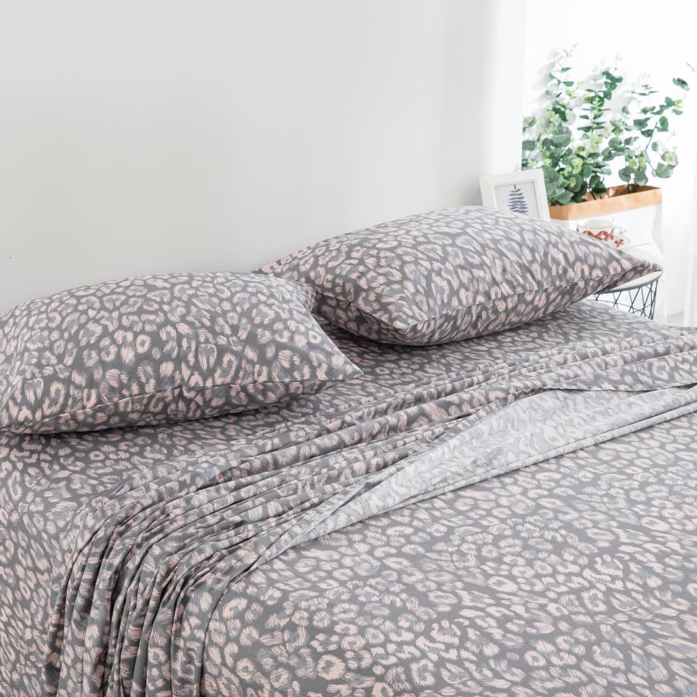DAUAOTO Queen Size Printed Sheets Set, 100% Cotton Bedding Sets, Up to 14" Deep Mattress, Modern Pattern Bedlinen Set, Leopard Gray