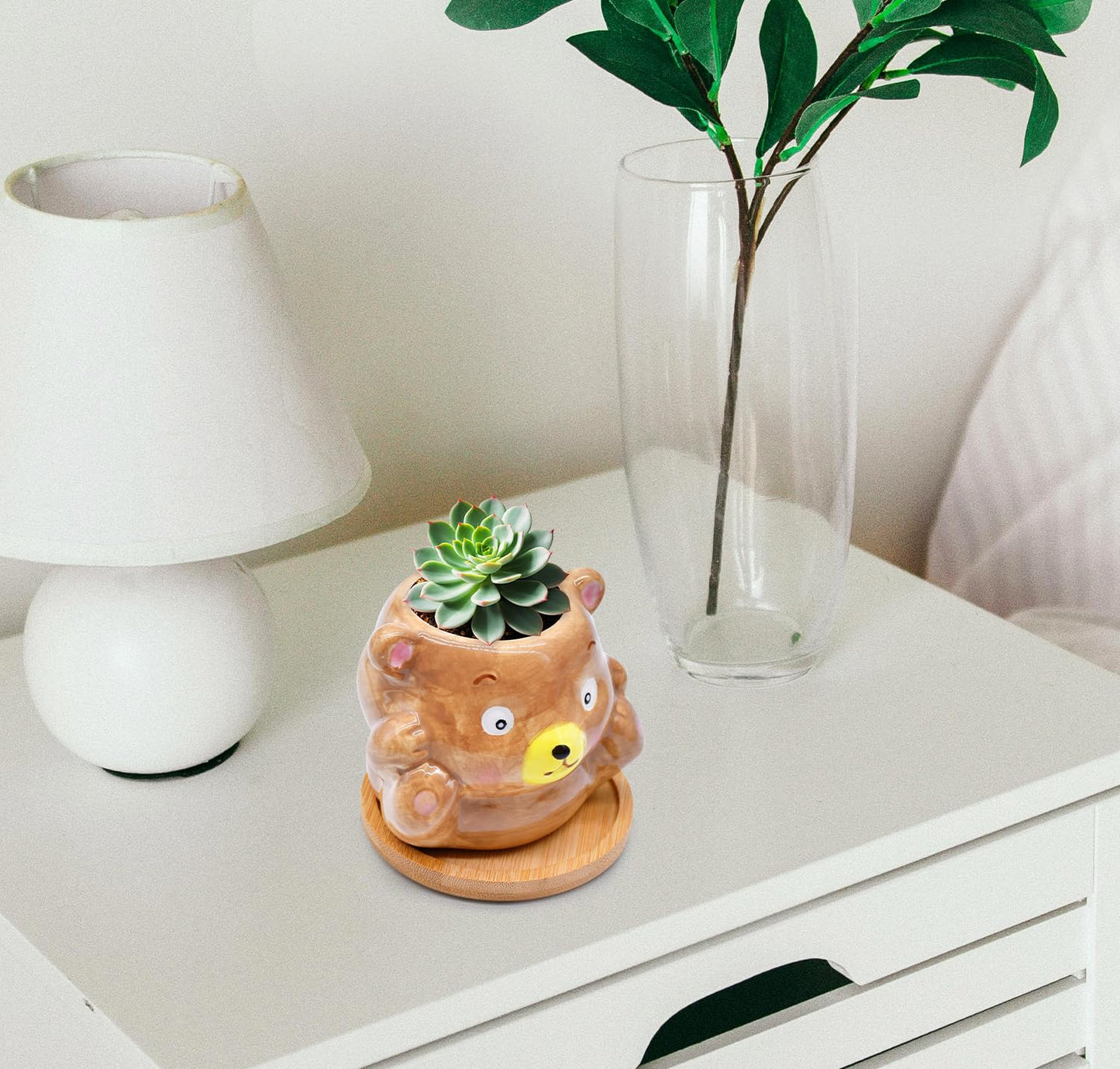 6 Pack Ceramic Succulent Pots with Drainage – Small Animal Planters with Bamboo Trays for Cactus & Indoor Plants, Mini Flower Pots for Desk, Home Decor, Office, Garden, Gift for Plant Lovers