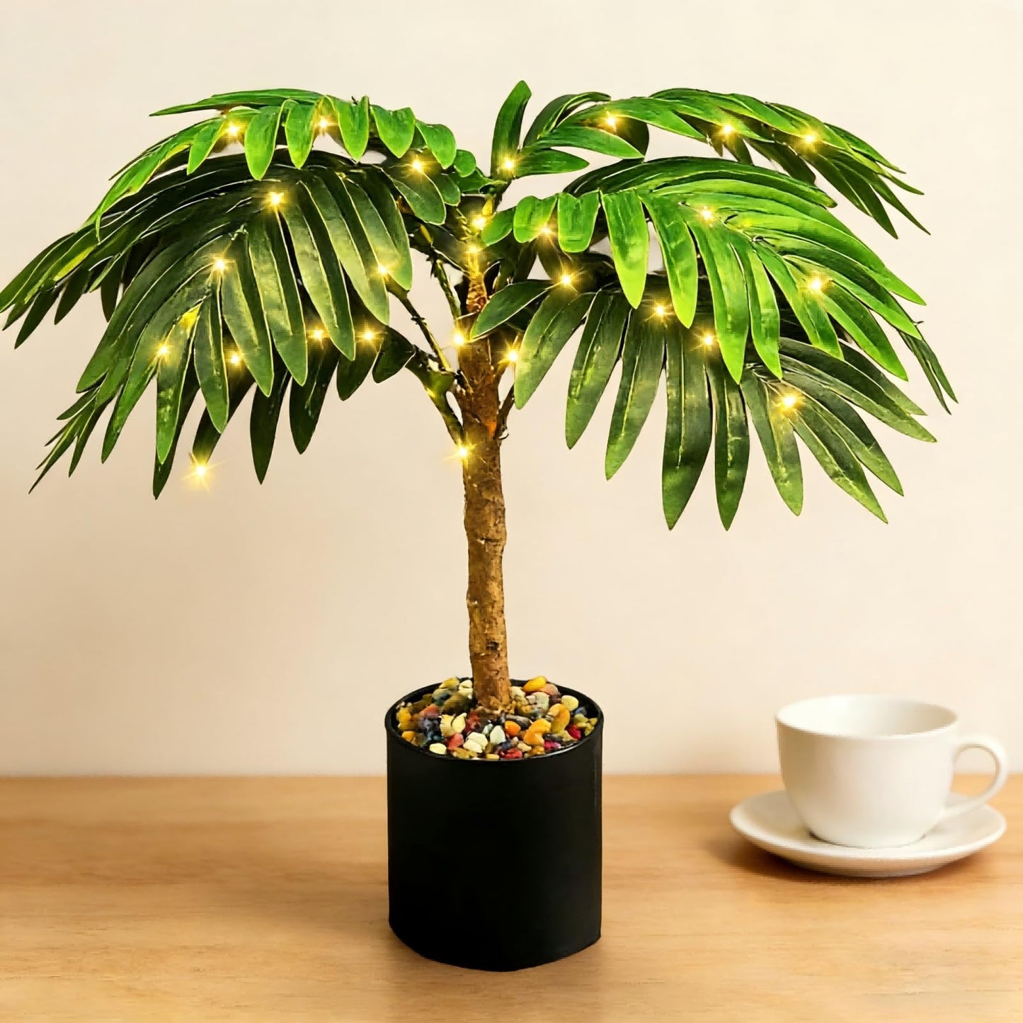 IJG 20'' Lighted Palm Tree Faux Plant with LED Lights - USB & Battery Box Powered - Artificial Palm Tree for Living Room, Home Decor, Indoor Decoration (Palm Leaf)