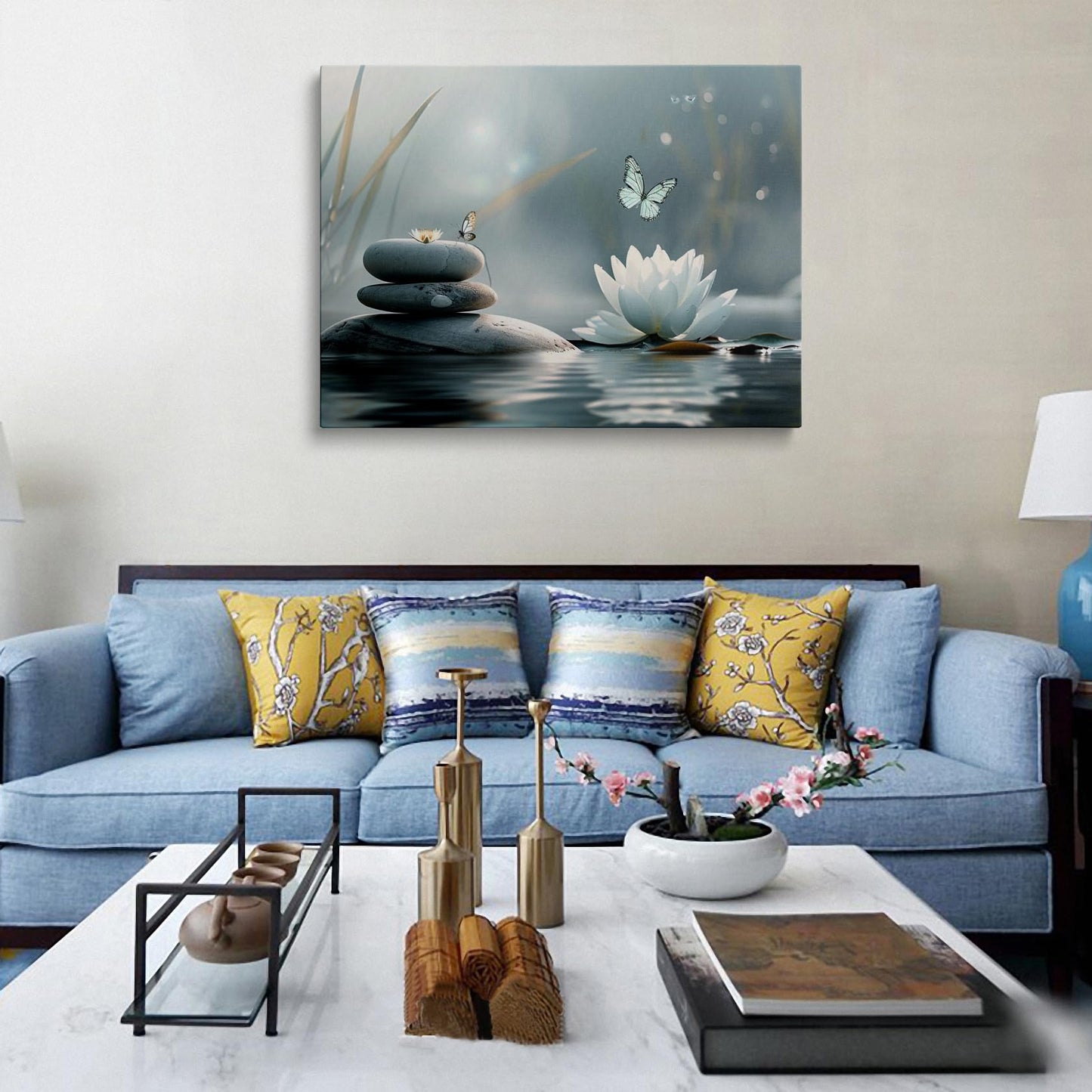 Zen Lotus Flower with Stones and Butterflies Canvas Wall Art Framed Serene Painting Prints Posters Artwork for Meditation Room Wall Decor Calming Spiritual Bathroom Art 12x16 Inches