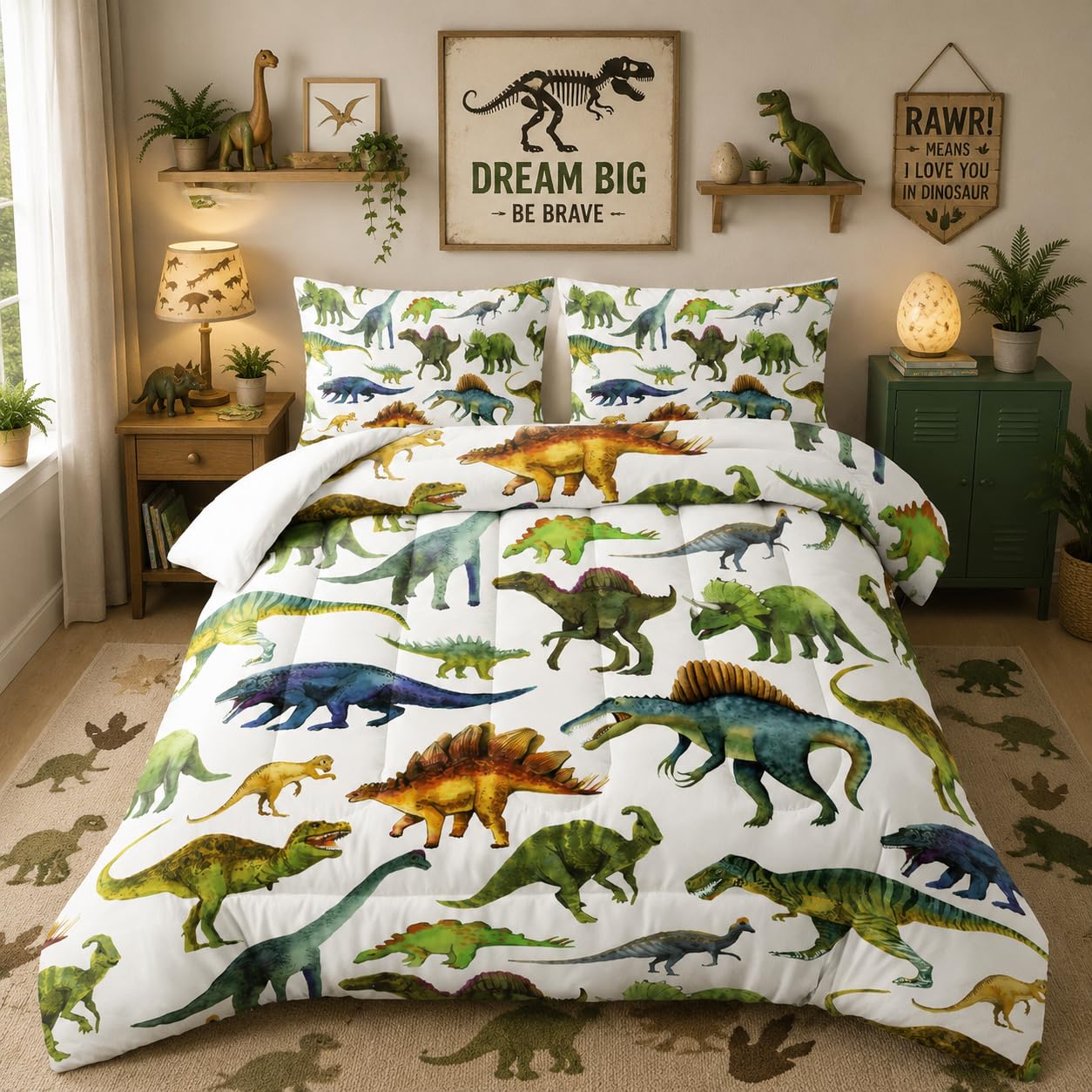 Nttopship Dinosaur Comforter Sets Twin Size，Dinosaur Printed Quilt Set for Bedroom Soft Microfiber All Season Print Quilt Set with 1 Comforter and 2 Pillow Case